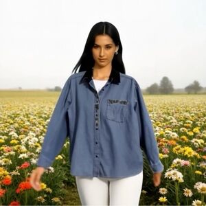 Vintage Bill Blass embroidered denim shirt with velvet collar.